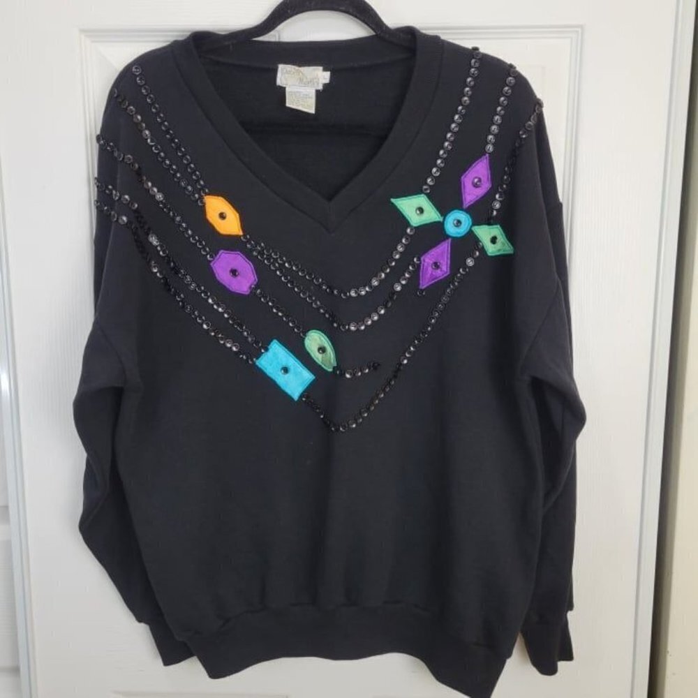 Vintage DEBRA MARTIN Black Embroidered Button Beading Pullover Sweater L